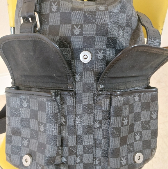 EGARA Vintage Leather Trim Monogram Backpack Checkered Black and Gray - Picture 13 of 13